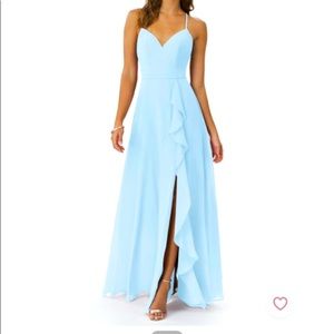 Floor length chiffon dress. Color mist. One small mark on back. Size 14